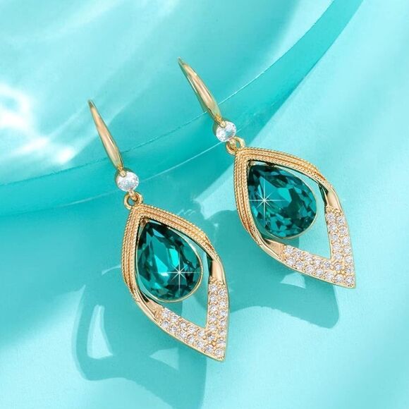 14K Yellow Gold with Emerald Green Austrian Crystal Halo Leaf Teardrop Earrings - Picture 2 of 7